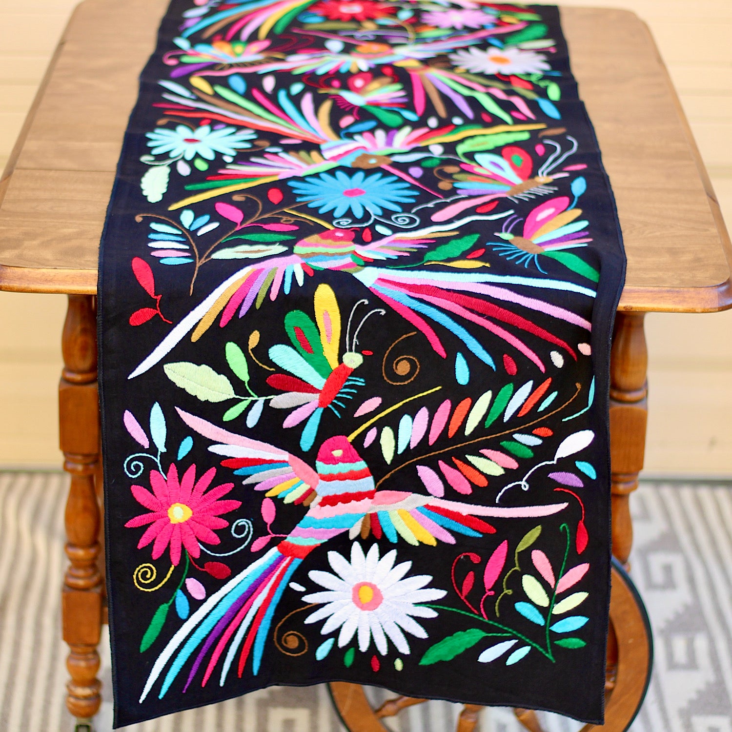 Black Color Mexican Otomi Tenango embroidery outlet Table Runner