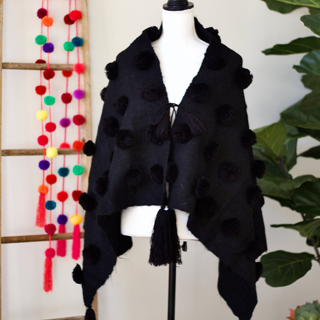 Pompom Wool Shawl Black